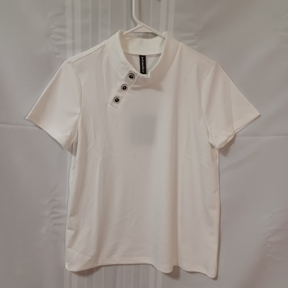 JustFashionNow Top Womens Small White Asymmetrical Mock Neck Button Short Sleeve